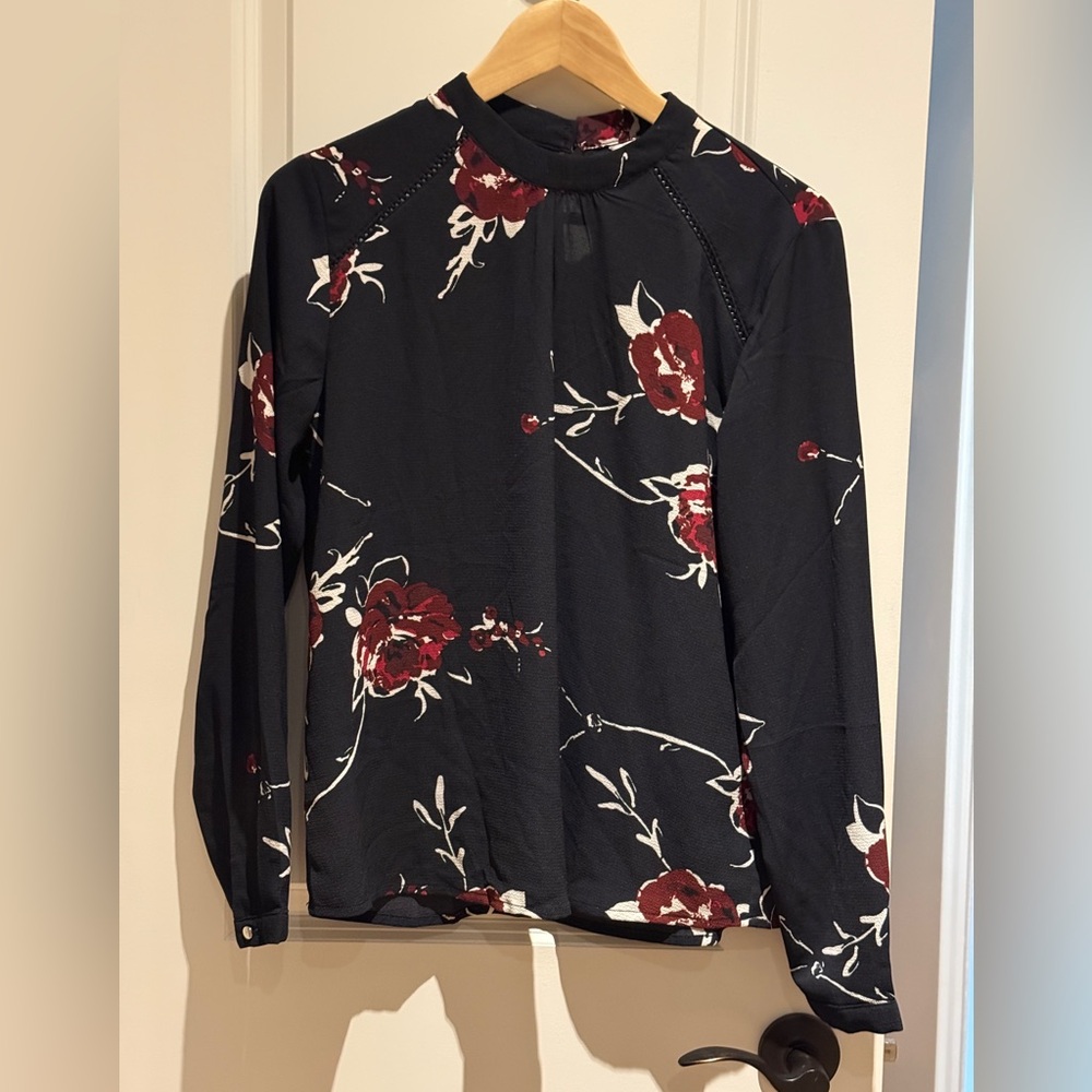 Only Black Blouse with Red Floral Design
